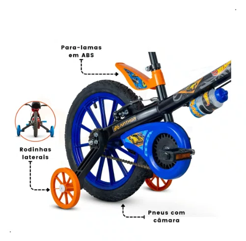 BICICLETA INFANTIL ARO 16 HOT WHEELS PRETO/LARANJA/AZUL